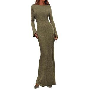 Women's Army Green Long Sleeve Ribbed Knit Boat Neck Bodycon Casual Maxi Dress
